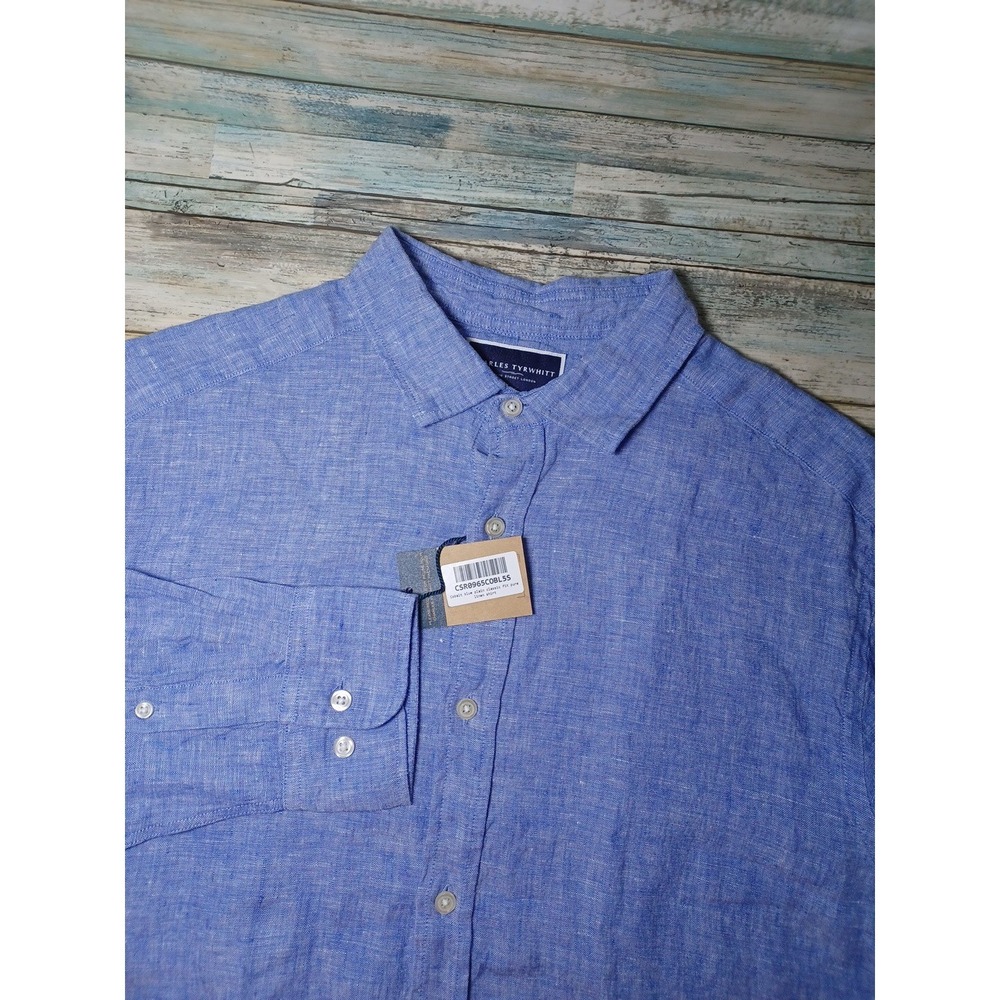 Charles Tyrwhitt Mens Large Cobalt Blue Classic Fit 100% Linen L/S Button-Down